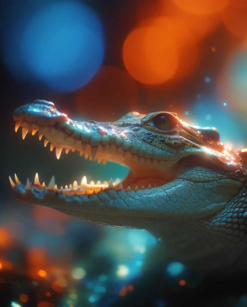 A single crocodile head dominates the foreground, facing left with its jaws wide open, rendered in an ethereal, highly stylized macro-photography aesthetic. Numerous sharp teeth line both the upper and lower jaws, catching luminous rim highlights. The heavily textured scales across the snout, face, and neck are sharply focused, bathed in intense, glowing cyan, teal, and warm amber light. A single eye is visible near the top right of the head, reflecting the vibrant surrounding illumination. The completely empty background consists entirely of expansive, deeply blurred, massive circular bokeh orbs in highly saturated, contrasting shades of cool blue and fiery orange. An extremely shallow depth of field isolates the sharp reptilian textures against the smooth, dreamy blur of the environment. Soft, bioluminescent glows and tiny, scattered points of out-of-focus light wash over the scene, establishing a dramatic teal-and-orange cinematic color grade with a glossy, hyper-rendered, luminous finish.