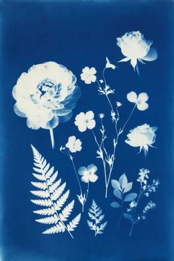 Ethereal Botanical Cyanotypes style reference image — textured watercolor paper