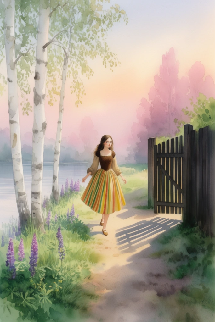 A young woman walks a sunlit path in a tranquil watercolor landscape. She features long brown hair, a brown bodice, and a flared skirt with yellow, green, and red stripes. Tall white birch trees line a calm lake on the left amid green grass and purple lupine flowers. On the right, a dark wooden fence and slatted gate cast deep shadows across the dirt path. Soft pink-purple trees fade into a hazy pastel sunset sky. The scene is rendered with delicate watercolor washes and a soft, idyllic palette.