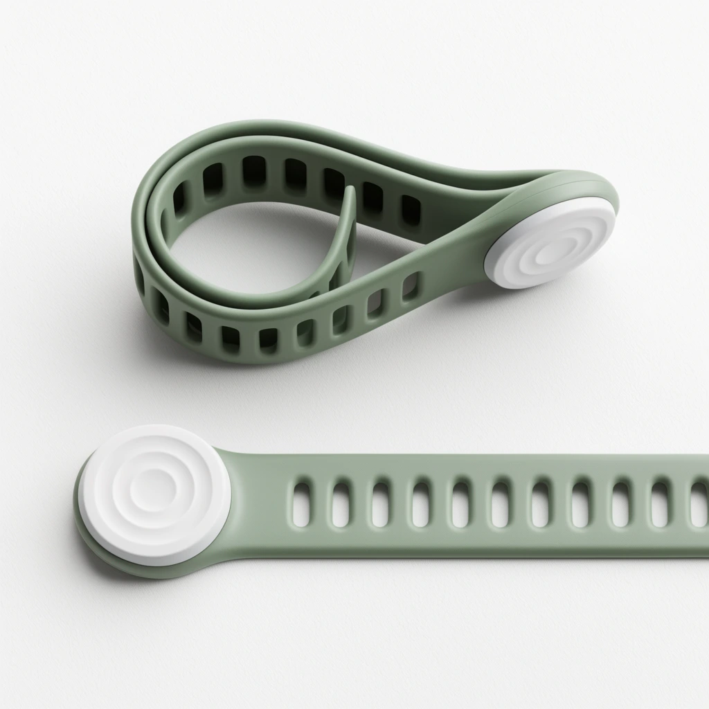 Two arrangements of a matte sage green, flexible silicone wearable device on a textured white surface. The top object is coiled into a loop, while the bottom lies flat and fully extended. One end of the device features a prominent, raised circular white module with concentric rings. The elongated strap contains evenly spaced, pill-shaped perforations along its length. Minimalist overhead product rendering with soft diffused lighting and crisp drop shadows highlighting the clean, modern form.
