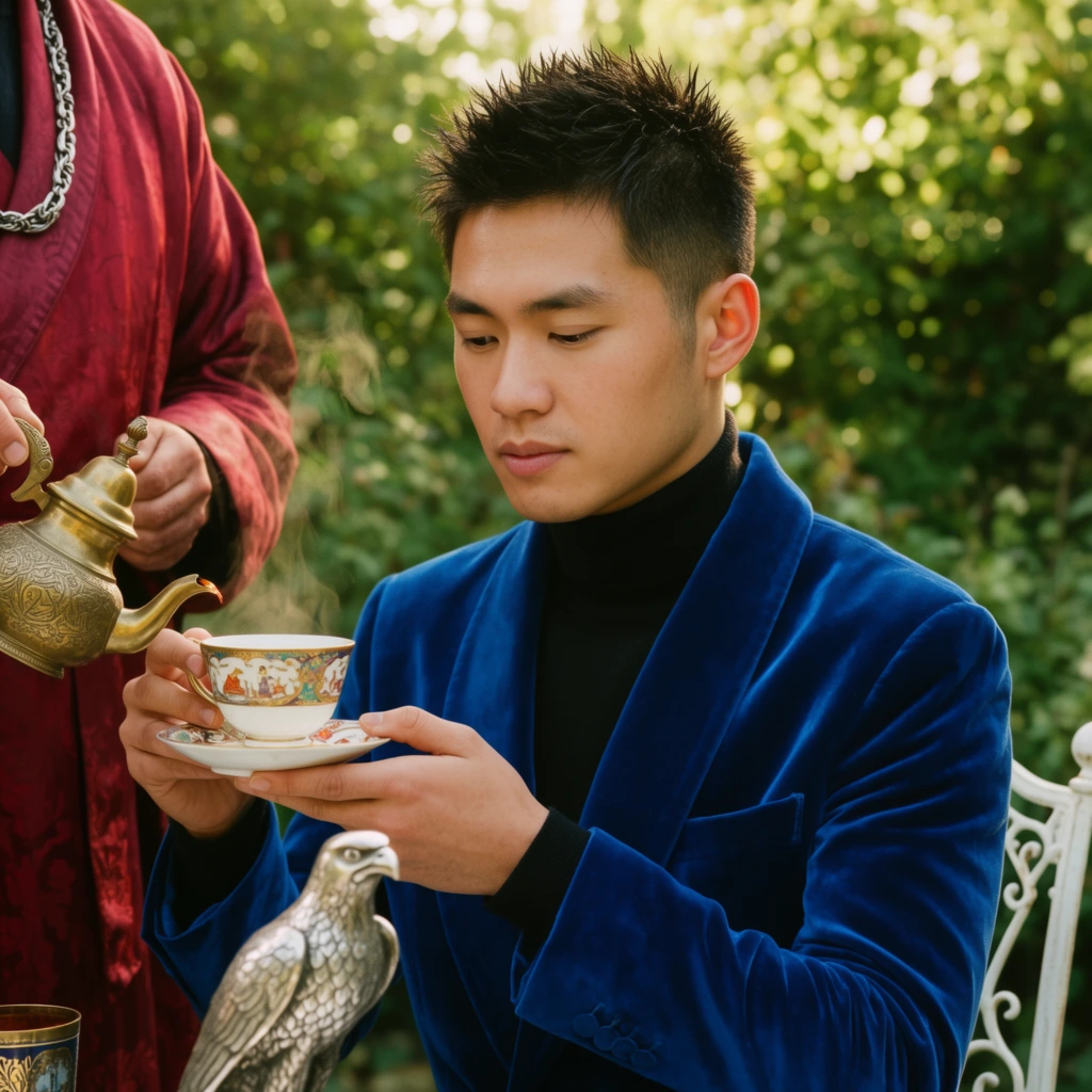 A young Asian man with short spiky hair in a vivid blue velvet smoking jacket and black turtleneck sits in a garden, delicately holding an ornate porcelain teacup. A second figure, wearing a crimson silk robe and a thick silver chain, stands partially visible on the left, pouring steaming tea from an engraved brass pot. The seated man gently cradles the saucer with both hands. The sunlit setting features dense, softly blurred emerald foliage in the background. A white wrought-iron chair back and a silver tabletop falcon sculpture occupy the foreground. The cinematic composition utilizes a shallow depth of field, warm natural lighting, and a rich, saturated color palette.