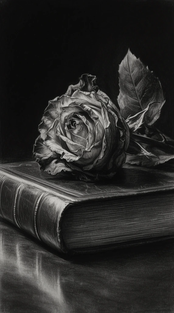 realistic charcoal drawing of a wilted rose resting on a thick leather-bound book, detailed monochromatic still life, chiaroscuro lighting, raised spine bands, textured petals and leaves, deep black background with soft surface reflection