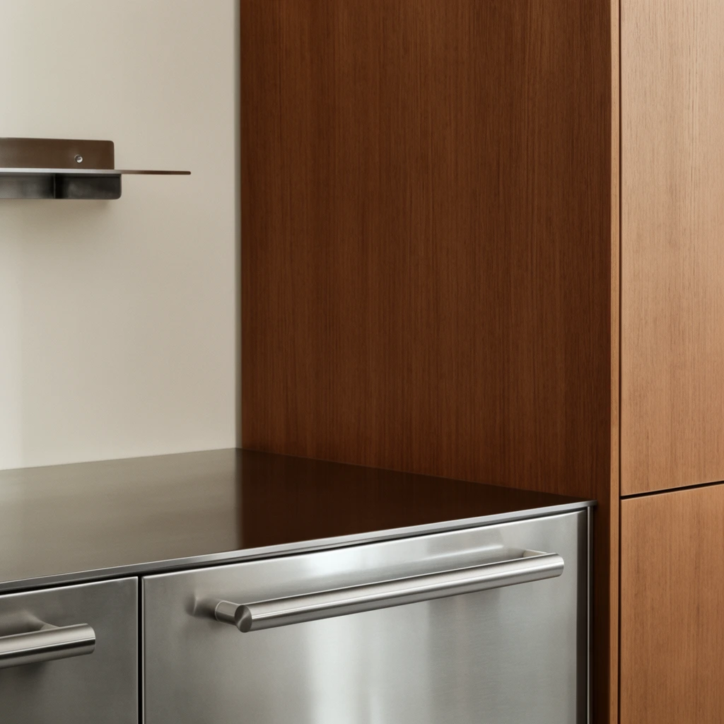 minimalist interior detail, brushed stainless steel lower cabinet with thick cylindrical handles, tall warm brown flat-panel wood cabinetry, off-white wall, small metal floating shelf, soft diffused lighting, clean geometric lines, tight architectural crop