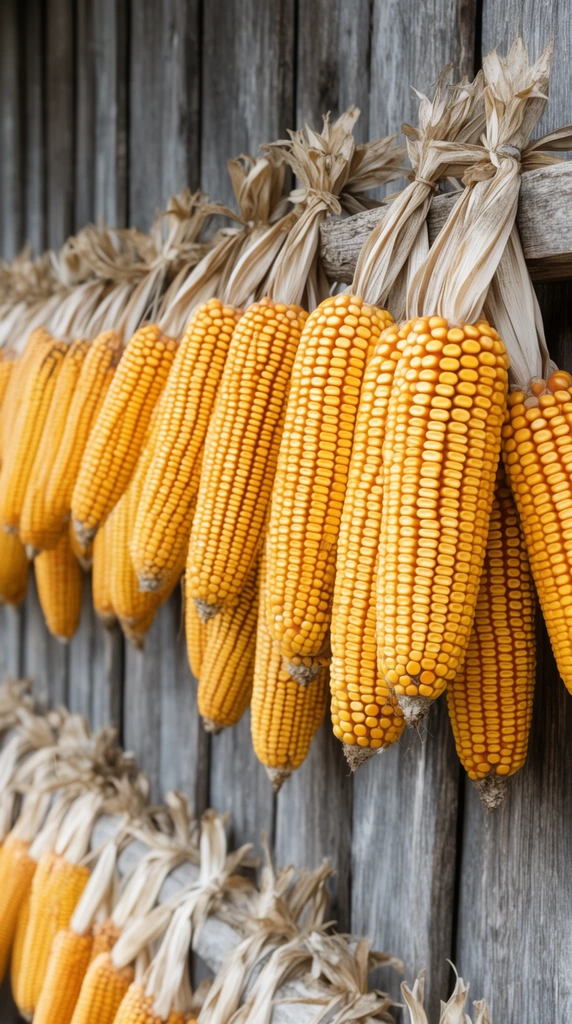 Dense clusters of dried yellow corn cobs hang by their pale husks from a horizontal beam against a weathered wooden wall. The vibrant golden kernels contrast sharply with the muted grey-brown vertical planks. Crisp natural daylight accentuates the textured grid of the kernels and the rough grain of the timber, while a shallow depth of field blurs a secondary row of corn in the lower left.
