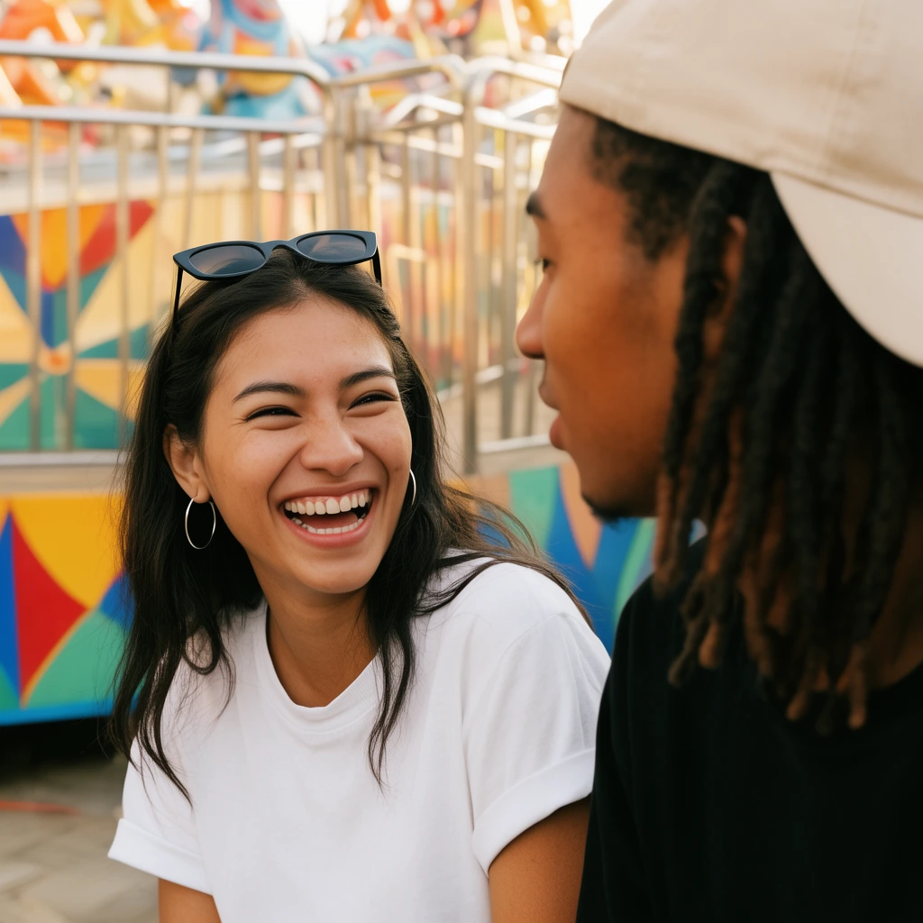 laughing young woman, sunglasses on head, silver hoop earrings, white t-shirt, talking to young man in profile, dreadlocks, backward beige cap, black shirt, blurred colorful amusement park background, geometric painted panels, metal railings, shallow depth of field, warm natural light, candid lifestyle portrait