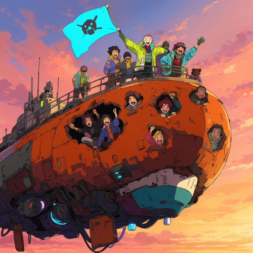 massive retro-futuristic hovering submarine in mid-air against a sunset sky, cyberpunk scavengers on the upper deck waving a neon-blue flag, multiple figures looking excitedly from jagged holes in the rusty orange hull, dynamic anime illustration style, low angle perspective, cheerful mood, bright flat colors, mechanical panel details
