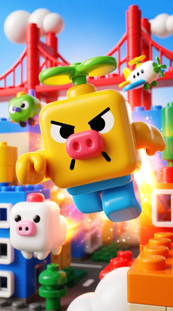 A macro 3D render of glossy, blocky plastic toy characters flying through a miniature city of interlocking bricks. The central yellow square-headed figure features a pink snout, angry expression, and green head-propeller, leaping dynamically forward. Whimsical companions, including a white creature and a small airplane, surround it. The background displays a red suspension bridge and plastic buildings. Cinematic lighting produces glowing lens flares, sparkling particles, and a shallow depth of field.
