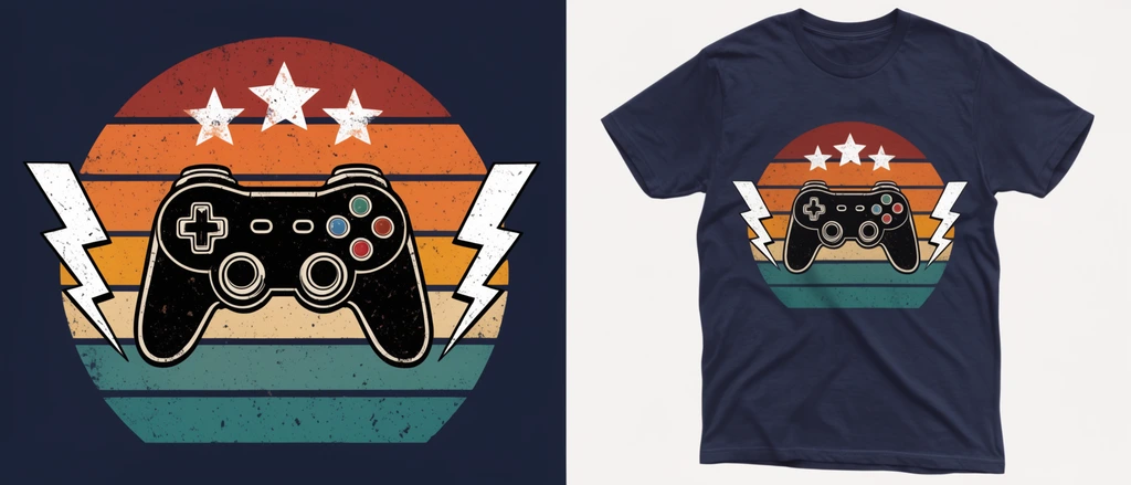 Split image presenting a distressed vintage graphic on a navy background and on a crew-neck t-shirt mockup. The central design features a black video game controller flanked by white lightning bolts and topped with three stars. It is set against a circular retro sunset made of horizontal stripes in rust red, orange, yellow, and teal. The illustration has a speckled, worn texture.
