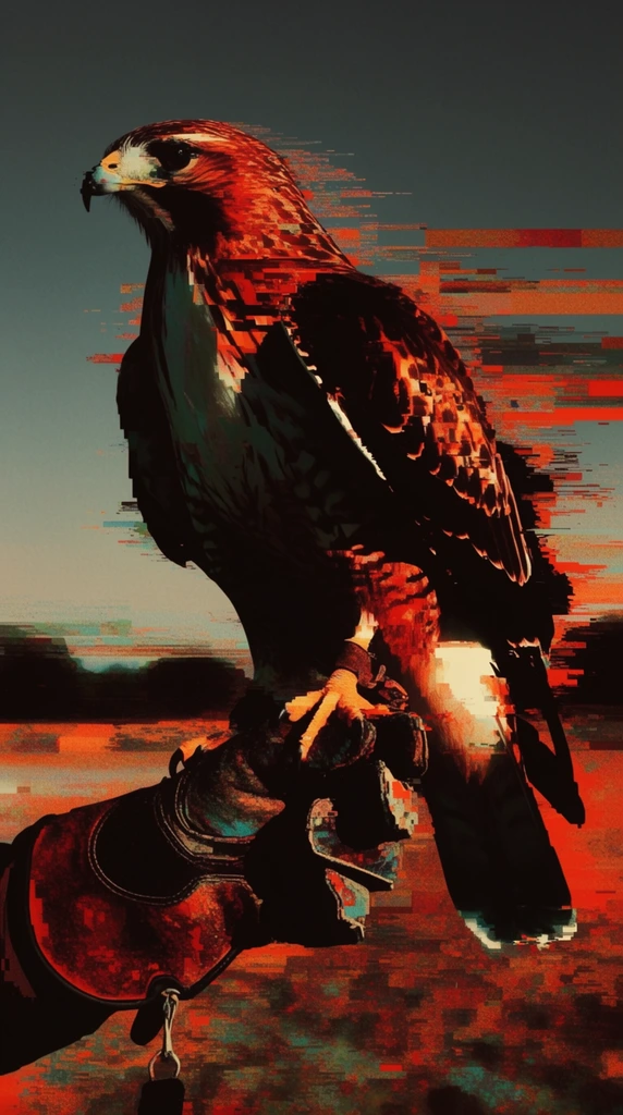 A hawk perched on a gloved hand extending from the lower left toward the center, set against a distant horizon and clear sky, entirely reimagined through aggressive digital glitch art and horizontal pixel sorting. The forms of the raptor and the heavy glove are severely fragmented by jagged databending, digital displacement maps, and striated scanline textures. The composition is dominated by an ultra-high contrast color palette of pitch black, blazing burnt orange, deep crimson, stark cream, and underlying patches of muted teal. Heavy chiaroscuro lighting obscures the structural boundaries of the subjects, causing the dark silhouettes of the bird and arm to bleed and dissolve into the heavily degraded background. Intense, localized bands of fiery red and orange pixels drag horizontally across the frame, shattering the visual clarity of the sky and feathers with harsh, blocky artifacts, chromatic fragmentation, and gritty digital noise.