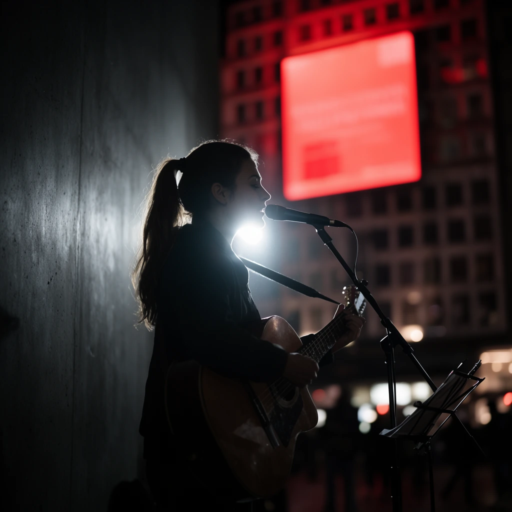 A female street musician plays an acoustic guitar and sings into a microphone during a moody urban night. Captured in right-facing profile with a high ponytail, she is dramatically silhouetted by an intense white backlight that creates a crisp rim light along her face and instrument. She stands beside a towering, dark, smooth concrete wall. A black boom microphone stand and wire music stand sit before her. The heavily defocused background features a massive, glowing red rectangular billboard illuminating a multi-story building with grid-like windows. Cinematic street photography utilizing a shallow depth of field, high contrast, deep shadows, and striking neon red accents.
