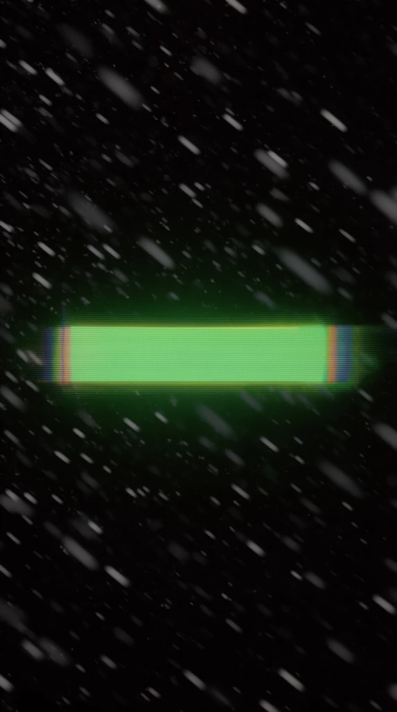 A dark digital environment featuring a central glowing neon-green horizontal graphical element with CRT scanlines and a VHS glitch effect. The deep black background is filled with diagonal blurry white streaks resembling fast-moving dust particles or digital rain, creating a retro-futuristic cyberpunk aesthetic with high contrast.