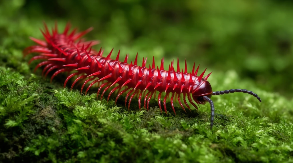 A vibrant, spiky crimson millipede crawls across a bed of lush green moss in a macro photograph. The arthropod features a glossy, segmented exoskeleton with prominent, sharp dorsal spines projecting outward from every segment. Dozens of delicate, needle-thin red legs grip the textured terrain, while its darker, rounded head sports two long, black, segmented antennae pointing forward. The surface beneath consists of dense, feathery emerald moss. A shallow depth of field isolates the sharply focused creature against a soft, blurred background of verdant bokeh, emphasizing the dramatic color contrast between the vivid red insect and the rich green plant life.