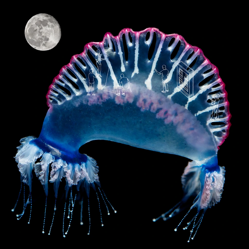 surreal macro collage, blue Portuguese man o' war floating in a black void, full moon top left, superimposed white architectural line art, tiny outline humans exploring inside the translucent biological dome, hanging blue tentacles with luminous dotted strands