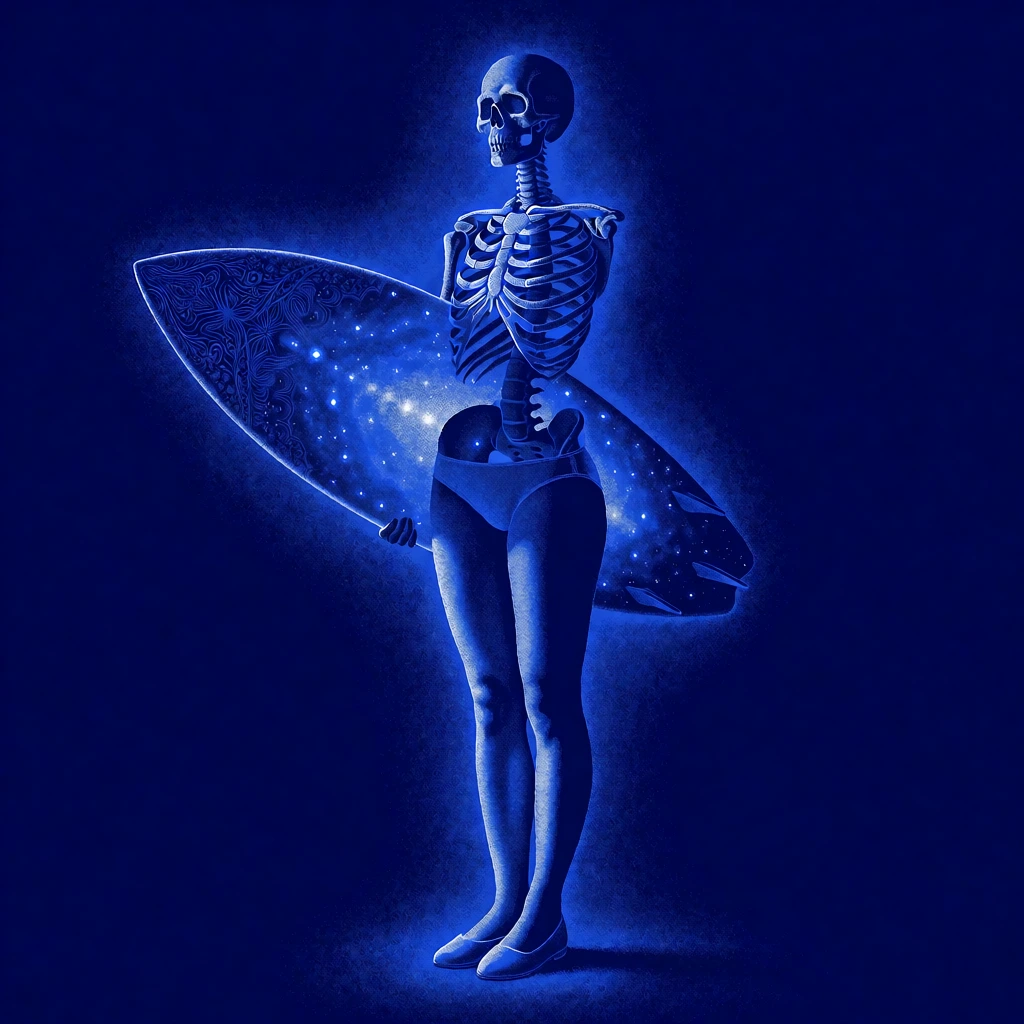 a composite figure stands against a diffuse deep cobalt background, human skeleton torso merging into female legs wearing simple underwear and flat shoes, a surfboard under the right arm featuring an intricate starlit galaxy print, rendered in heavy stippled pointillism, ethereal monochromatic blue backlighting creating a soft rim-lit glow, grainy atmospheric haze, cosmic surrealism aesthetic, velvet-like textural grain, high-contrast silhouette-driven composition.