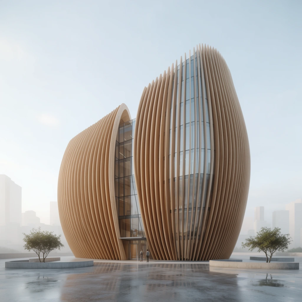 Modern architectural building, sweeping curved facade, vertical wooden slats forming organic outer shell, recessed glass curtain walls, ground level entrance, tiny figures standing near door, wet reflective concrete plaza, small trees in concrete planters, hazy pale cityscape background, soft light blue sky, daylight, 3D architectural rendering, photorealistic