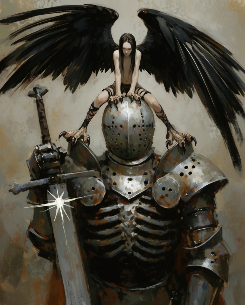 A colossal armored knight stands beneath a pale winged creature perched atop its domed helmet. The giant figure features distressed silver-gray plate armor with circular perforations and a ribbed, skeletal midsection, grasping a massive broadsword marked with a glowing white starburst emblem. Sitting delicately on the smooth metal helmet is a small humanoid with pale skin, long dark hair, and massive, spread black-feathered wings. This delicate being possesses sharp bird-like talons gripping the armor and wears dark strappy bindings on its legs. The background is an abstract atmospheric wash of mottled beige and gray. The expressive, painterly dark fantasy illustration utilizes energetic brushstrokes and a muted palette of slate, sepia, and rusted earth tones to emphasize the dramatic scale contrast between the slender winged entity and the hulking metallic golem.
