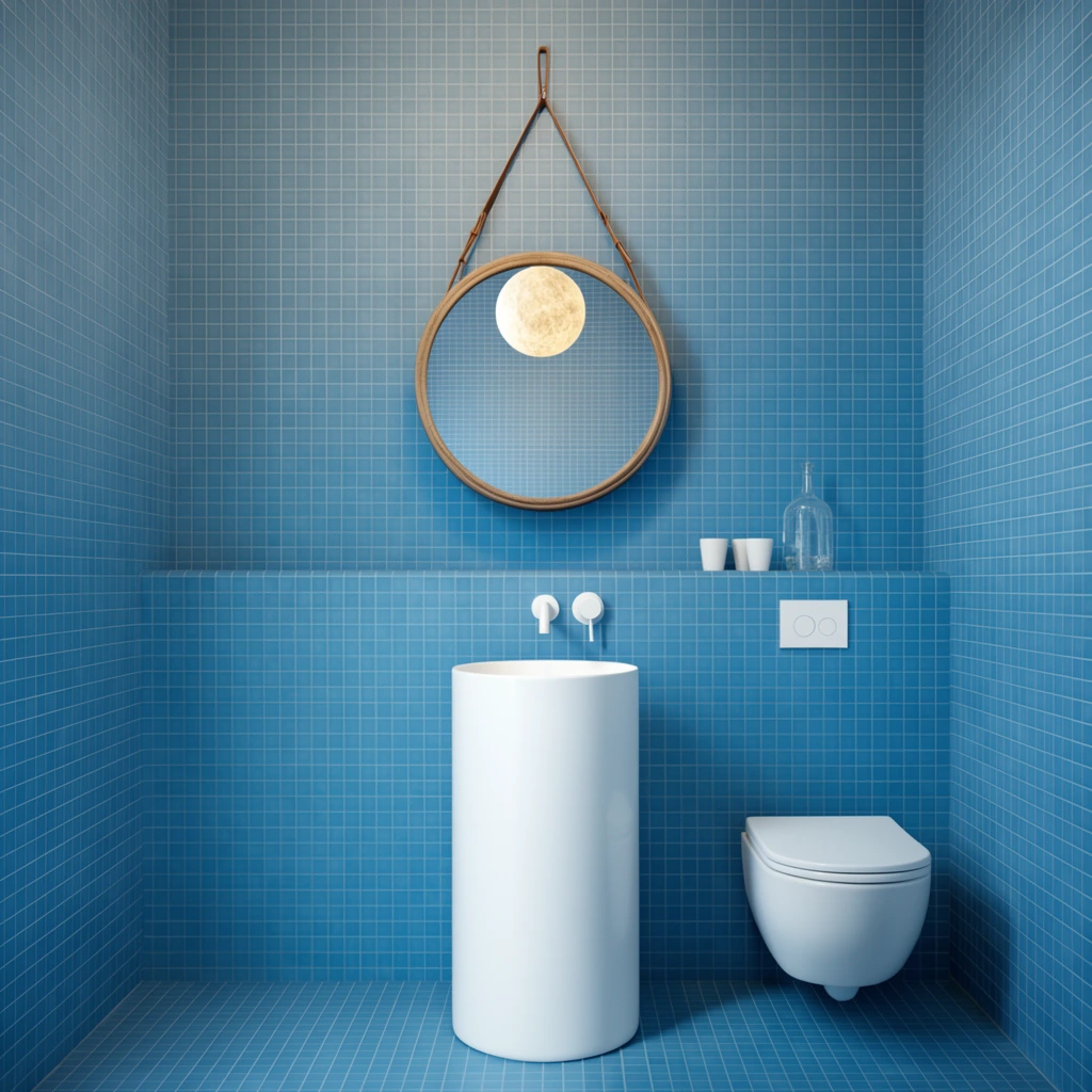modern bathroom, cerulean blue square tiles on walls and floor, centered white pedestal sink, round wood-framed mirror hanging by a leather strap, mirror reflecting a textured glowing spherical light, minimalist white wall-mounted faucet, tiled ledge with small white cups and glass bottle, white wall-hung toilet, bright lighting, straight-on symmetrical composition