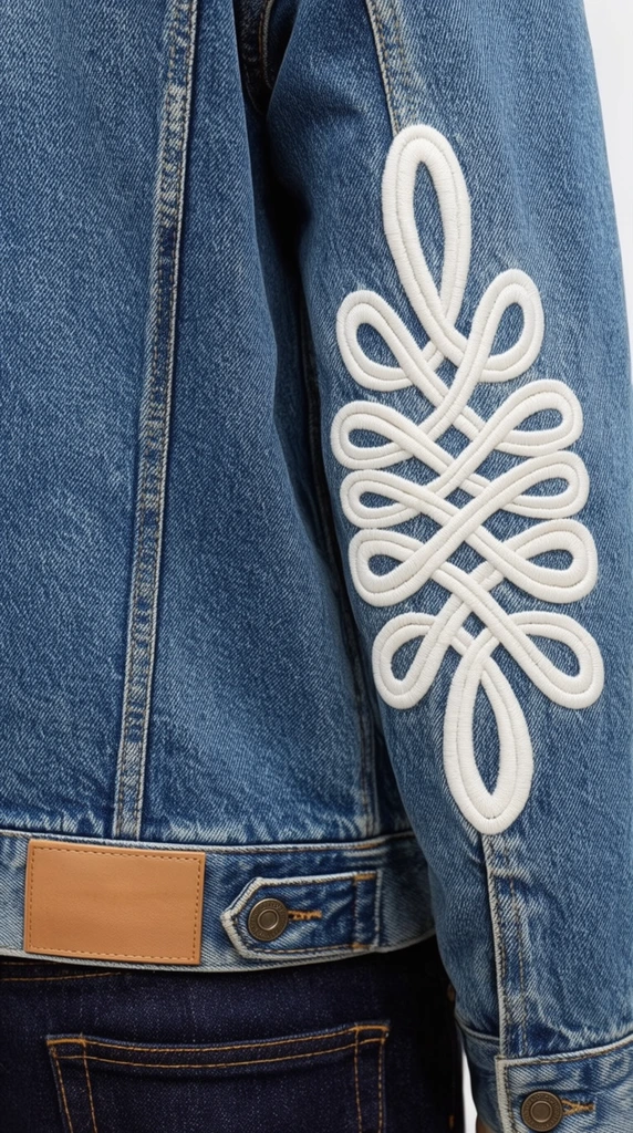 Close-up photography of a textured mid-blue denim jacket emphasizing fabric details and garment construction. A prominent vertical seam runs down the back panel to a stitched waistband featuring a rectangular tan leather patch and a metallic button. The adjacent right sleeve displays a large, elaborate white embroidered motif composed of symmetrical intertwining looping curves above a buttoned cuff. Dark indigo denim rests beneath the jacket hem. Bright, even lighting highlights the diagonal twill weave, raised golden-brown stitching, and the sculptural depth of the thick white embroidery.