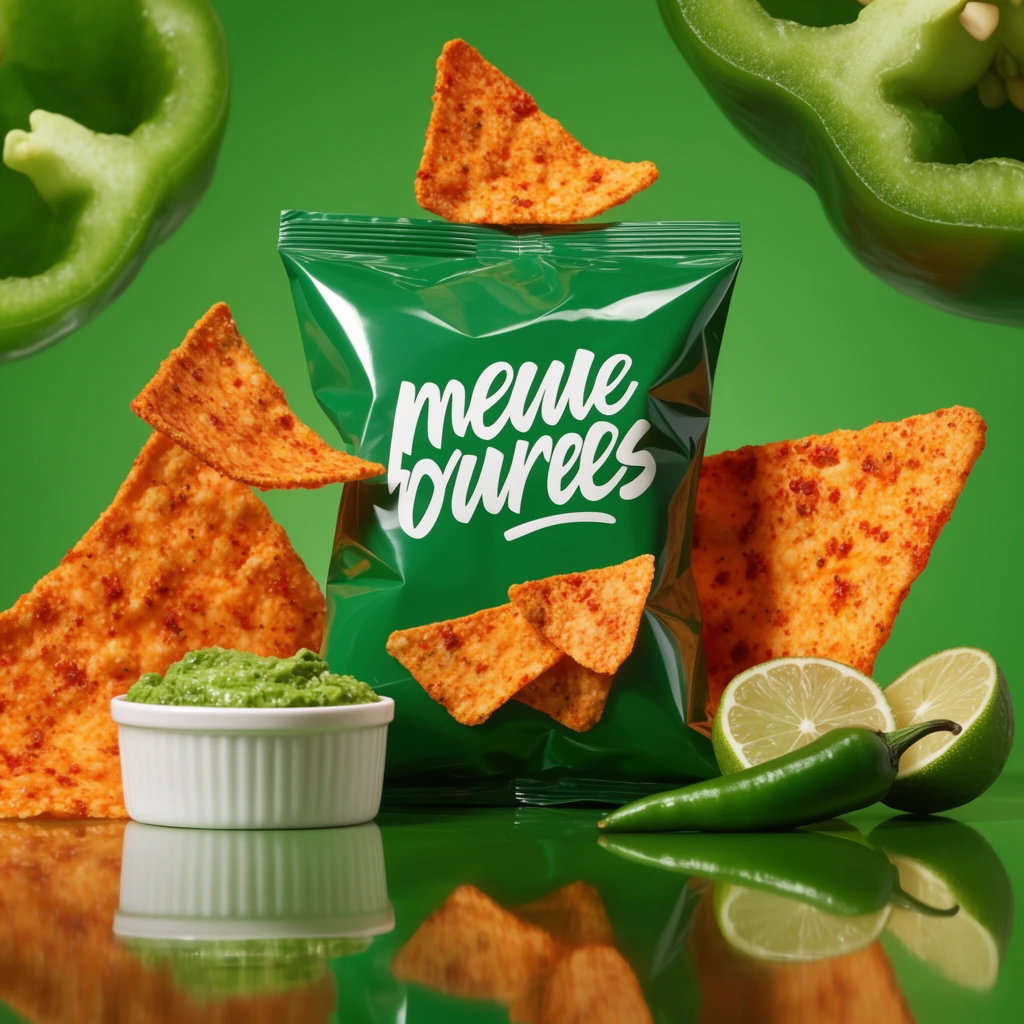 A dynamic product shot of a glossy green snack bag on a highly reflective surface, surrounded by floating, gravity-defying ingredients. Large, roughly textured triangular orange chips hover in mid-air around the central package. In the foreground, a white ramekin of vibrant green dip sits beside a whole green chili and a sliced lime, casting clear mirror reflections on the floor. Giant cross-sections of green peppers float in the upper corners against a solid bright green backdrop. Studio lighting emphasizes the sharp contrast between the warm, spiced chips and the slick, monochrome green environment.