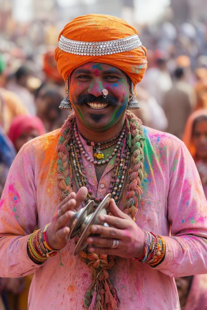 A candid, vibrant portrait of a joyful man heavily dusted in bright pink, orange, green, and blue powder during a lively festival. He wears a large orange turban wrapped with a silver beaded band and a pale pink tunic saturated with colorful pigment. His smiling face features a thick mustache, a soul patch, and ornate silver bell earrings, alongside a nose ring. He is adorned with multiple beaded necklaces, a thick braided garland, and wrists stacked with colorful bracelets. His hands are held near his chest, delicately gripping a small silver cymbal. The background is a heavily blurred, chaotic crowd bathed in bright daylight, captured with a telephoto lens and shallow depth of field to emphasize the vivid textures and joyous, energetic atmosphere.