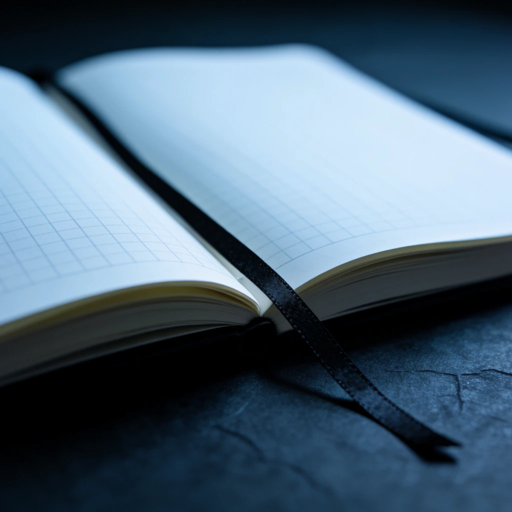 open notebook with faint grid lines, black ribbon bookmark draped over a dark textured surface, cool bluish ambient lighting, shallow depth of field, close-up photography