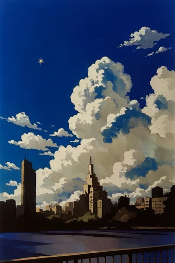 Surreal Cobalt Cloudscapes style reference image — retro anime influence