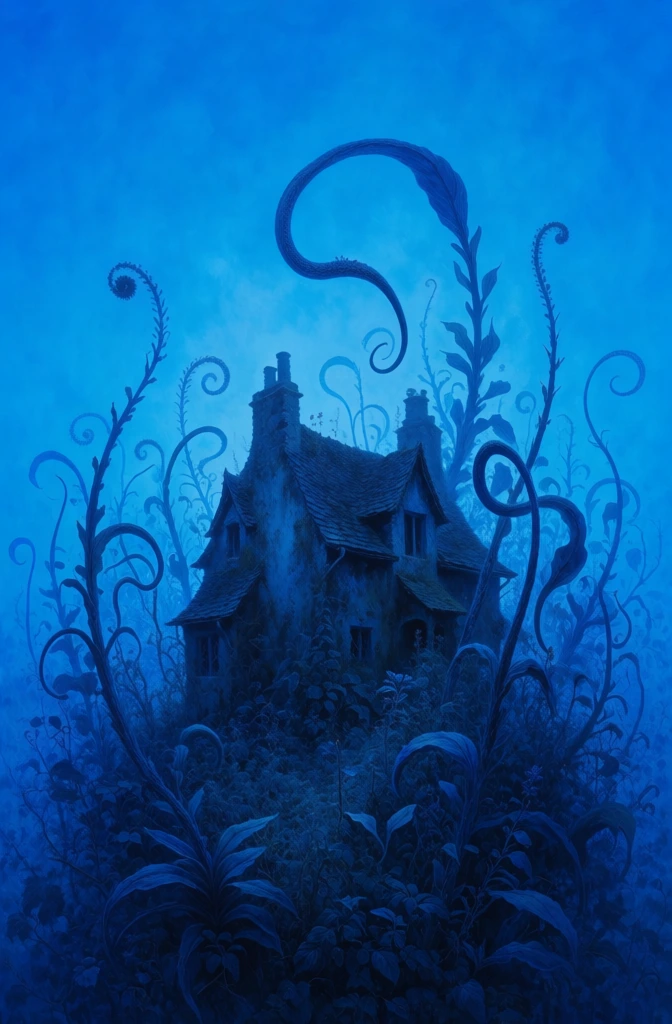 monochromatic deep blue palette, ethereal stone cottage silhouette with reaching gables, overgrown garden of fantastical long-stemmed flowers curving like limbs toward a central glow, moody cobalt and ultramarine tones, soft gradients against a luminous sky blue background, high-fashion editorial aesthetic, minimalist yet intricate textures, dreamlike atmosphere, sharp silhouettes of masonry and petals, mystical lighting, surrealist composition, monochromatic blue-on-blue finish.