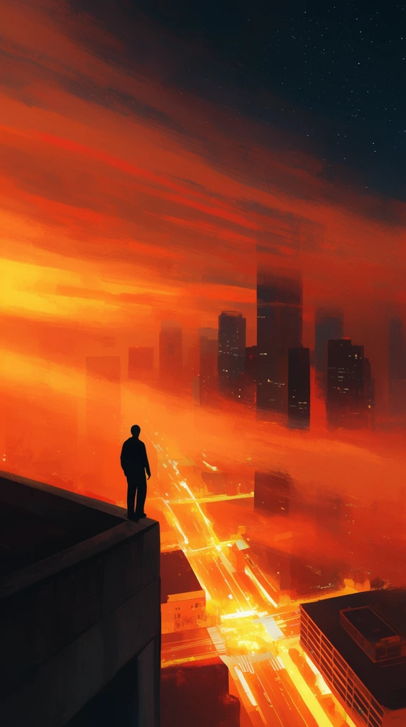 lone dark silhouette of a person standing on a high concrete rooftop ledge, overlooking a sprawling modern city illuminated by intense glowing orange and yellow street grids, dark skyscraper silhouettes enveloped in a fiery atmospheric haze, sweeping horizontal painterly brushstrokes conveying thick illuminated fog, dark starry night sky transitioning in the upper right, highly textured digital painting, dramatic high-contrast lighting, vivid warm sunset palette