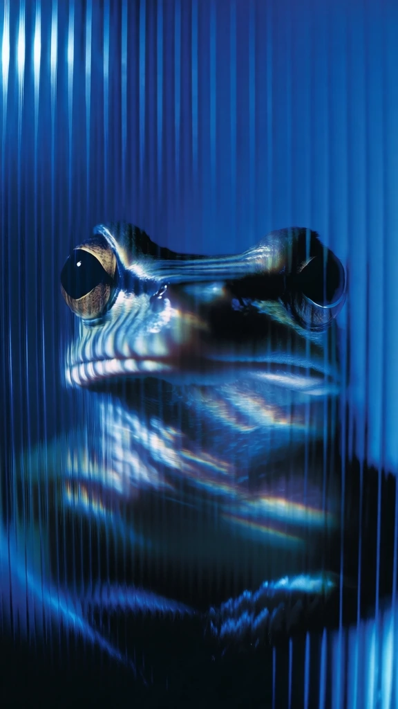 frontal view of a frog with large round eyes, positioned behind a pane of vertical ribbed glass creating heavy cinematic distortion, monochromatic electric blue and deep cobalt color palette, dramatic high-contrast lighting, shimmering prismatic light leaks across the skin, soft caustic reflections, ethereal and moody aesthetic, experimental photography style, shallow depth of field, blurred vertical lines, textured refractive patterns, dark moody background, high fashion lighting style.