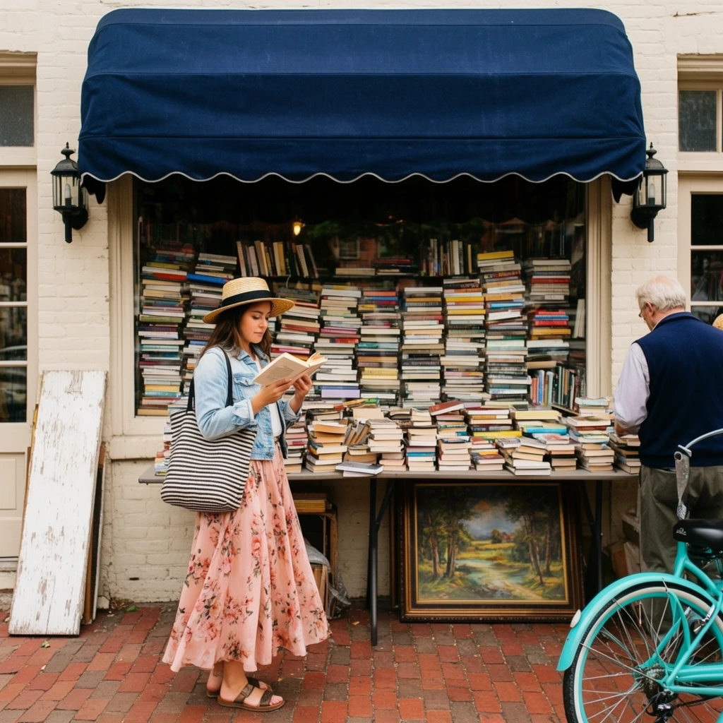 A young woman stands on a red brick sidewalk reading an open book in front of an off-white brick building. She wears a straw hat with a black band, a light denim jacket, and a flowing blush-pink floral skirt, carrying a black-and-white striped tote bag. Behind her, a large storefront window is densely packed floor-to-ceiling with stacks of books beneath a wide dark blue scalloped fabric awning. Black lantern sconces flank the window. A long table loaded with haphazard piles of books spans the exterior. An older man in a navy vest browses the table on the right near a partially visible turquoise bicycle. A large framed landscape painting rests on the ground beneath the table, and a weathered white wooden board leans against the left wall. The natural daylight street photography highlights the vibrant textures, candid lifestyle composition, and warm atmosphere.