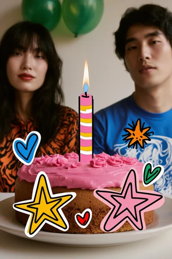 Vibrant Neo-Pop Collage style reference image — playful sticker motifs