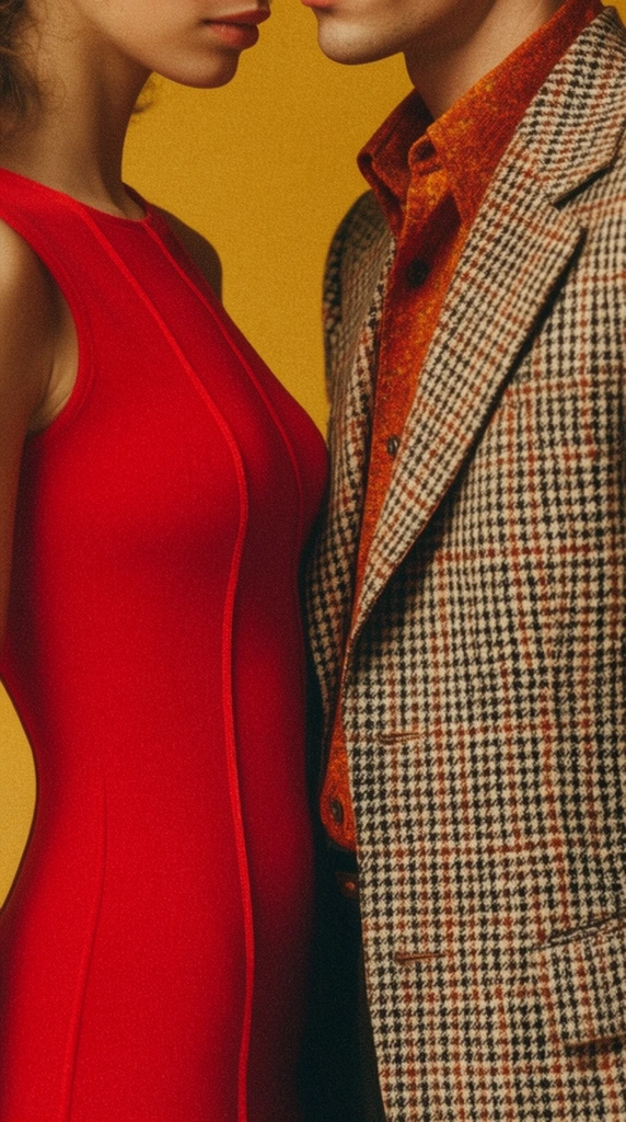tight torso crop of two figures standing intimately close, woman in a bright red form-fitting sleeveless dress with vertical seams, man in a tailored houndstooth plaid blazer over a textured rust-orange shirt, solid mustard yellow background, vintage 1970s fashion photography, prominent film grain, warm cinematic lighting, rich textural contrast