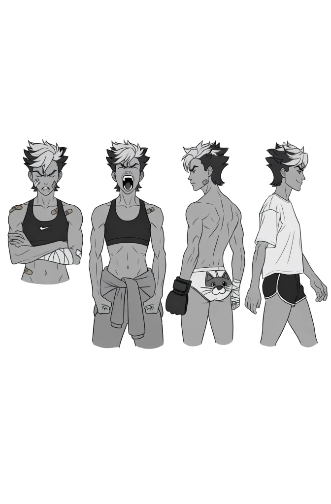 A sequence of four digital sketches displays various poses and expressions of a lean athlete with bicolored spiky hair against a plain white background. Starting from the left, the first figure is shown from the chest up with a scowling expression and eyes closed, arms crossed tightly across the torso; this figure wears a black sports bra featuring a small white swoosh logo on the center chest, with bandages wrapped around the left forearm, left cheek, and a small patch on the left shoulder. To its right, the second figure faces forward with a wide-mouthed scream, showing teeth and a tongue, while standing with clenched fists at the sides. This version wears a black sports bra and grey pants tied loosely at the waist. The third figure is a back-side view looking to the left, showcasing defined back muscles and wearing only white briefs that feature a large, stylized cartoon cat face with a red nose and whiskers on the rear. This figure has a dark, padded combat glove on the right hand and a bandaged left hand. The fourth and final figure on the far right is depicted in profile, walking toward the right with a slight smile, wearing a loose-fitting white t-shirt and dark, short athletic shorts with a white curved trim. The sketches are rendered in grayscale line art with flat grey shading, emphasizing muscle definition and sharp facial features. The hair is consistently styled in a spiky, multi-layered cut with dark roots and light grey tips. The entire composition follows a character design sheet format with no background elements.