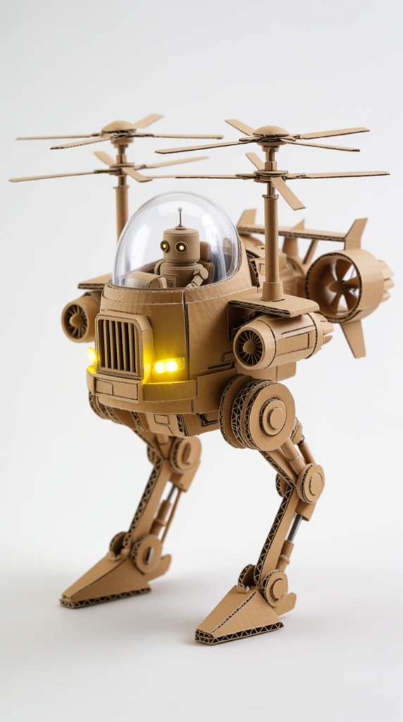 A bipedal walker sculpture crafted entirely from layered brown corrugated cardboard against a seamless white studio backdrop. The machine stands on articulated digitigrade legs with piston details and triangular feet. Its central chassis features a slatted radiator grille and glowing yellow LED headlights. A clear dome canopy houses a miniature cylindrical robot pilot with illuminated eyes. The intricate paper-engineered vehicle bristles with aviation components, including side-mounted engine pods, vertical masts topped with multi-blade helicopter rotors, and a rear tail assembly with a ducted fan. Soft directional lighting highlights the precise cut edges and meticulous miniature craftsmanship.