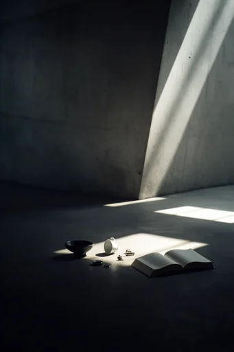 Minimalist Brutalist Chiaroscuro style reference image — stark geometric shadows