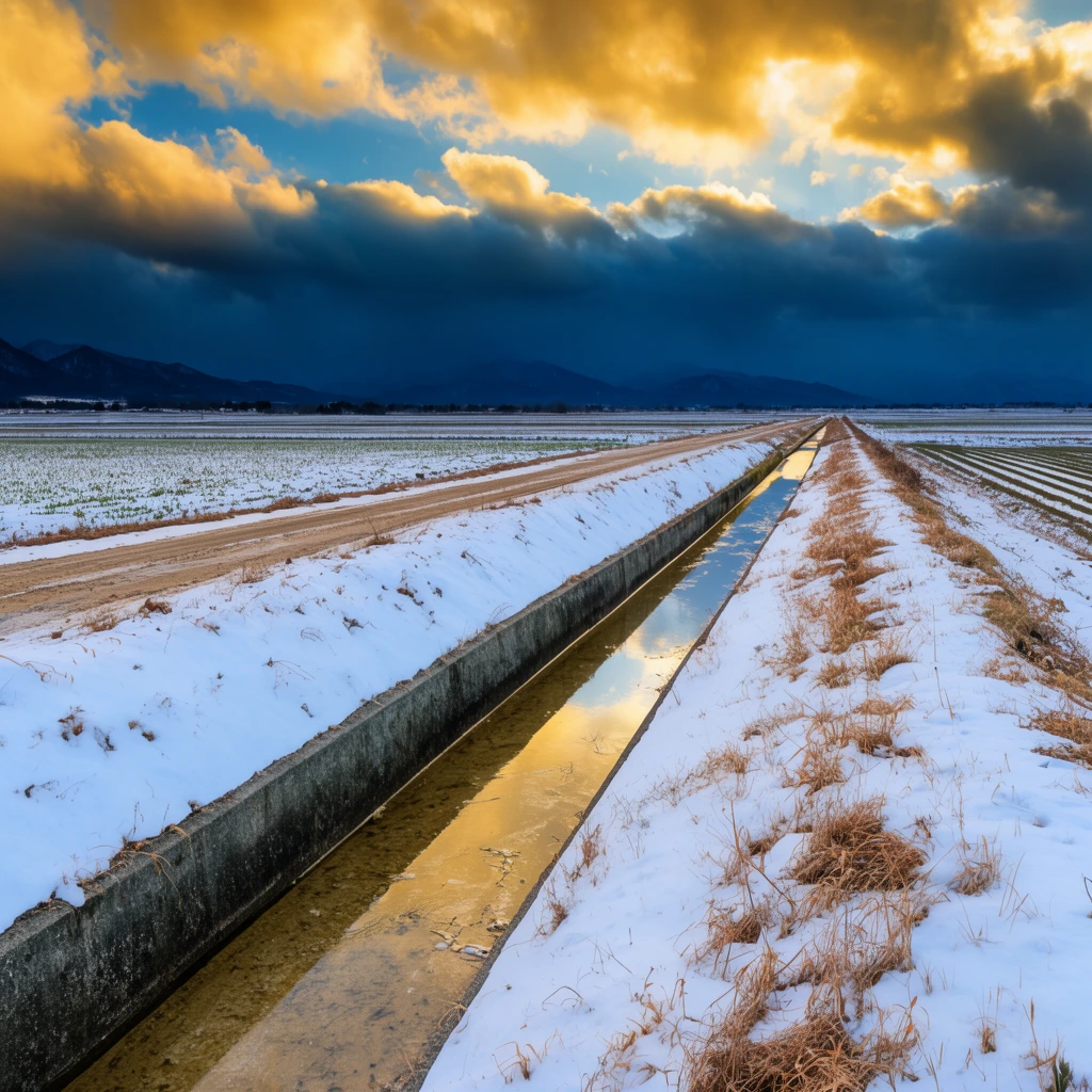 rural winter landscape, diagonal concrete irrigation canal, shallow water reflecting the sky, steep snow-covered banks, sparse dry brown grass, dirt road alongside, flat agricultural fields, distant dark mountains, heavy dark blue storm clouds, glowing golden sunlit clouds, golden hour lighting, wide-angle photography, vibrant high contrast