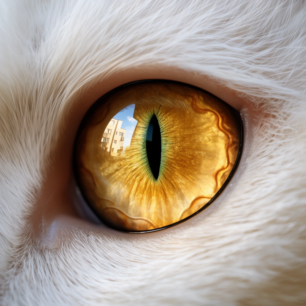 extreme macro close-up of a cat eye, brilliant golden amber iris with radial striations, sharp vertical black slit pupil, glossy eye surface reflecting a building and sky, dense soft white fur, sharp focus, high detail