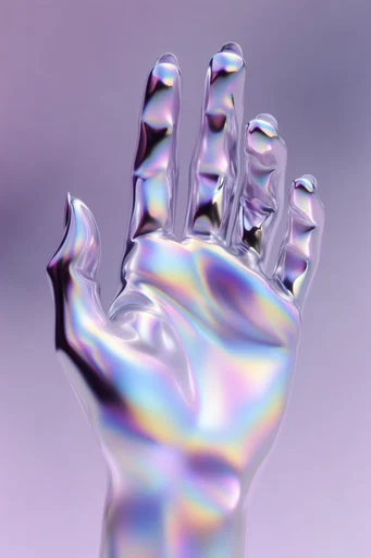 Iridescent Liquid Futurism style reference image — soft lavender and violet palette
