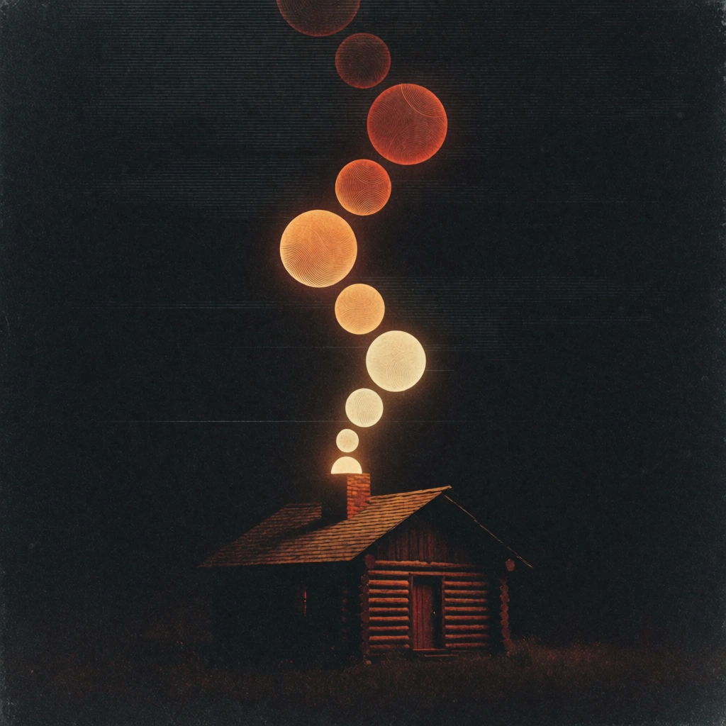 minimalist digital art of a rustic log cabin silhouette, a chimney emitting a vertical trail of glowing spheres rising in a sinuous wave, gradient from pale yellow to deep burnt orange, spheres textured with fine parallel lines, set against a grainy charcoal black background with heavy analog film noise and faint scanlines, ethereal atmosphere, vertical composition, soft inner glow, high contrast, 70s retro-graphic aesthetic, minimalist, moody, lo-fi analog textures