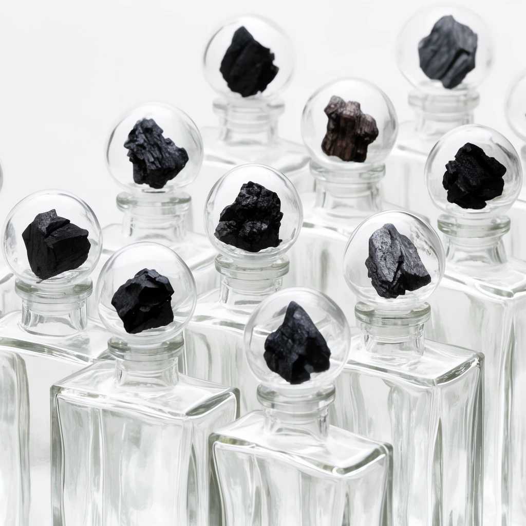 A rigid grid of clear rectangular glass bottles against a seamless white background. Each bottle features a spherical transparent cap encasing a unique, jagged dark fragment of raw charcoal-like material under soft, even studio lighting.