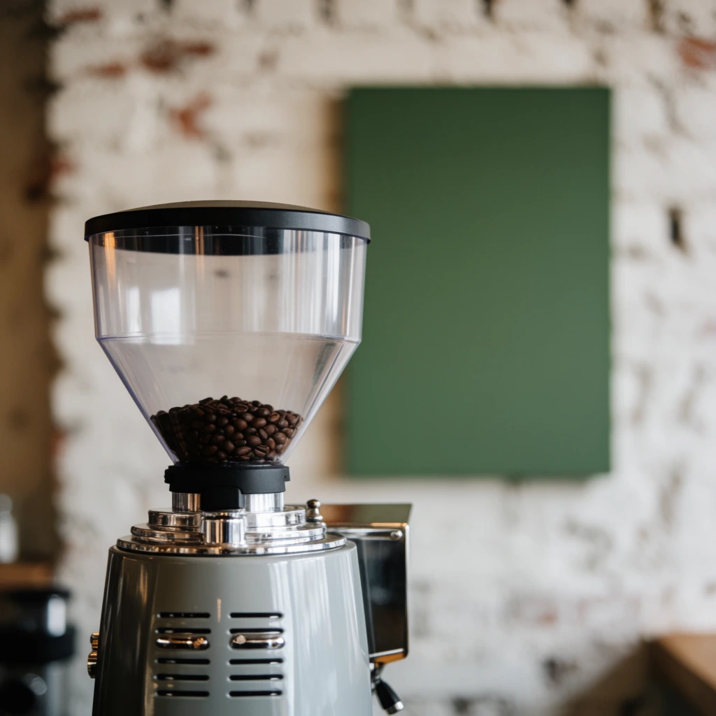 A commercial coffee grinder stands in sharp focus against a softly blurred background. The machine features a clear, conical plastic hopper topped with a black lid, holding a small mound of dark roasted coffee beans. The grinder's base is a glossy, light grey metallic casing detailed with horizontal ventilation slots and small metallic accents. Behind the equipment, a shallow depth of field gently blurs a heavily textured whitewashed brick wall and a muted forest green rectangular board hanging vertically. Soft, diffused natural light highlights the glossy curves of the metal base and the transparent sheen of the hopper. The composition utilizes a straight-on, eye-level perspective with an earthy, muted color palette of cool silver, deep brown, crisp white, and soft green, emphasizing the contrast between the crisp, engineered foreground machinery and the organic, soft textures of the background.