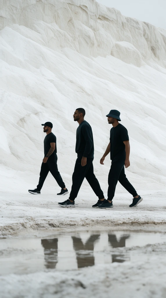 Three men walk across a stark white landscape backed by a towering sloped mineral wall. Dressed in dark athletic wear, a cap, and a bucket hat, they move left to right, creating high contrast against the bright environment. A shallow puddle in the textured foreground subtly reflects their dark silhouettes. The composition is minimalist with diffused lighting.