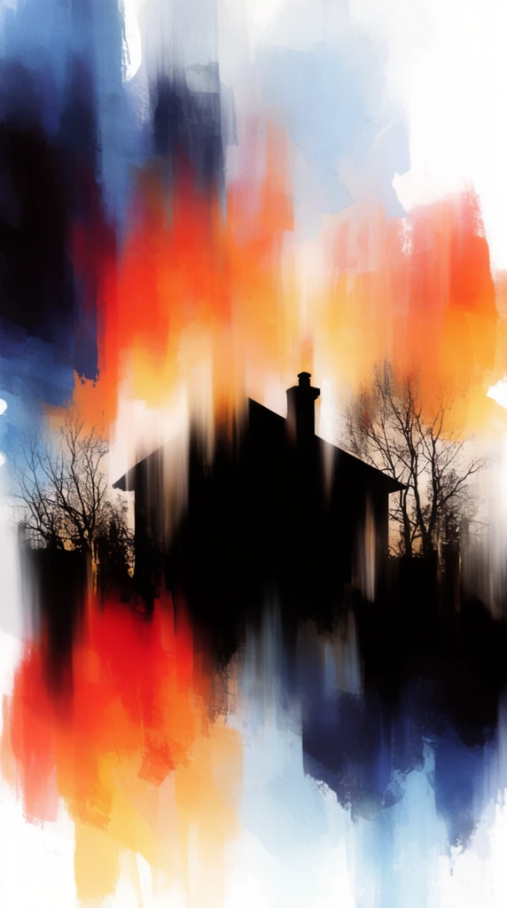 A single house with a chimney and surrounding bare trees rendered as stark, solid black silhouettes against a highly abstract, luminous background. The dark forms of the pitched roof, chimney, and spindly branches are heavily distorted by extreme vertical motion blur, causing the black edges to streak, stretch, and bleed vertically like melting paint. The surrounding environment is a high-contrast canvas of broad, downward palette-knife scrapes and watercolor-like blooms. The glowing backdrop features intensely saturated patches of fiery orange, crimson red, golden yellow, and deep indigo blue juxtaposed directly against stark white and pale, icy blue negative space. A strong backlighting effect illuminates the vibrant streaks behind the silhouetted architecture and landscape, producing a heavily textured, scraped-paint aesthetic characterized by continuous vertical color runs, translucent color overlays, and heavily blurred boundaries.