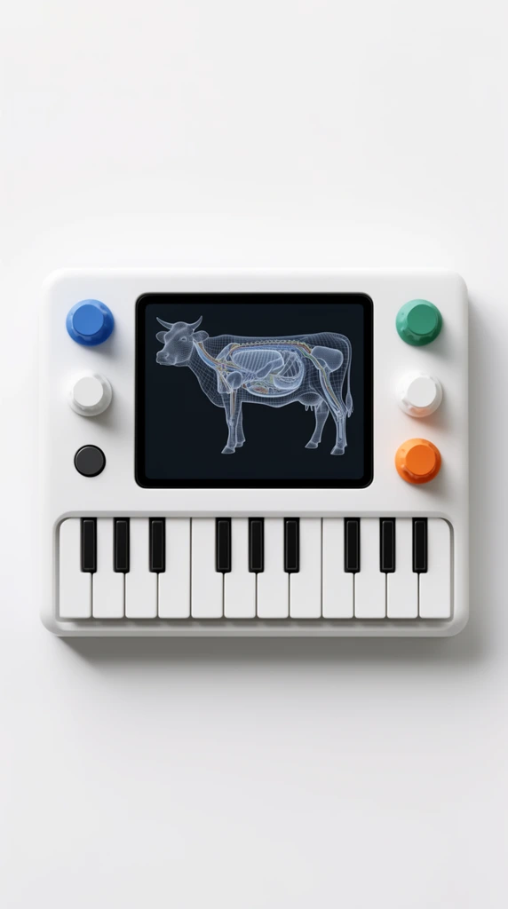 minimalist white synthesizer flat lay, central digital screen showing a wireframe cow with internal anatomy, four rotary knobs in blue green white and orange, small dark circular buttons, compact piano keyboard base, matte plastic finish, stark white background, soft uniform lighting