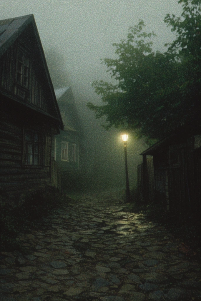 eerie foggy village street at night, rough cobblestone path, old wooden houses, single glowing street lamp, dark green trees, heavy film grain, noisy retro texture, thick mist, dark atmospheric mood