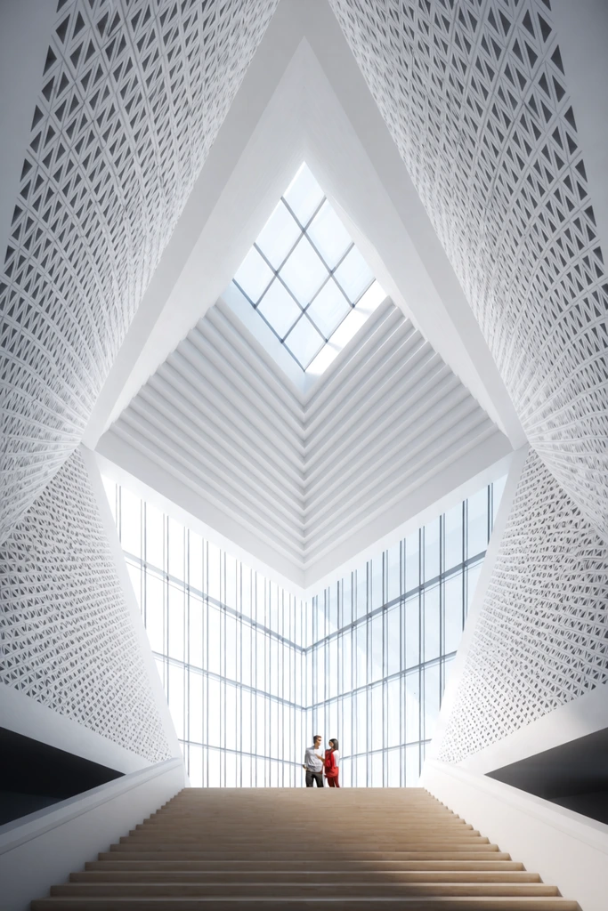 A vast modern architectural atrium defined by striking geometric symmetry and a crisp white palette. A stepped, recessed ceiling converges into a central diamond-shaped skylight, bordered by massive angled walls covered in a dense texture of repeating triangular perforations. A wide, pale wooden staircase ascends to a landing where two small figures, a man in a light shirt and a woman in red, stand together. Their tiny scale emphasizes the monumental proportions of the interior. A towering wall of vertical glass windows with thin mullions floods the space with cool, diffused daylight. The low-angle camera perspective accentuates the futuristic, meticulously structured environment.