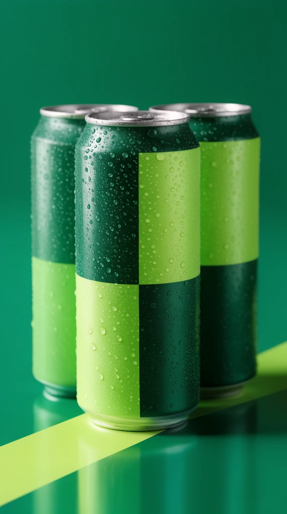 Three condensation-covered green beverage cans stand diagonally on a seamless emerald background. The focused front can features bold geometric lime and pine color blocks, resting on a glossy floor intersected by a bright diagonal stripe under crisp studio lighting.