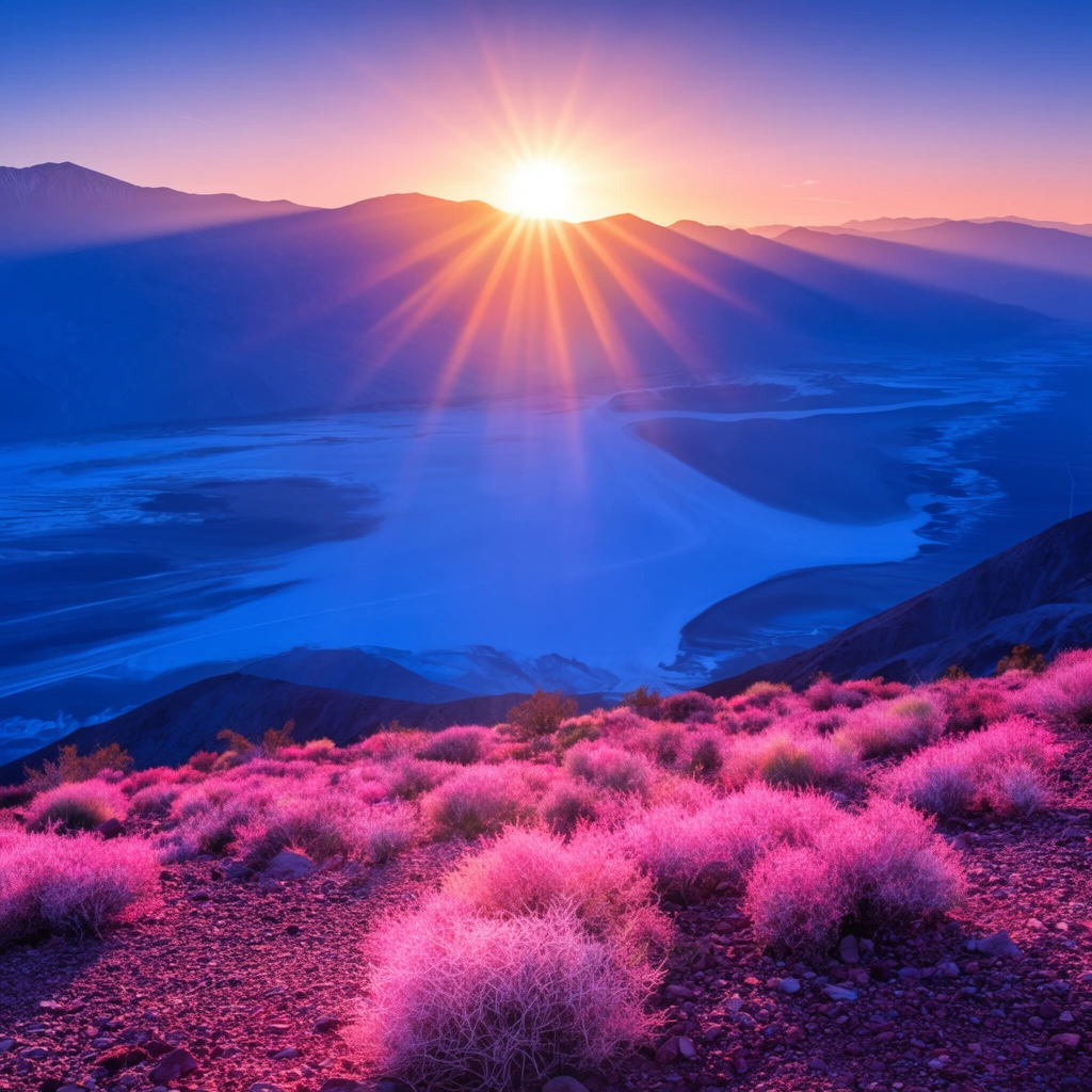 glowing pink desert scrub on rocky ridge, deep blue dry lake bed valley below, distant layered mountains, intense sunburst with light rays over peaks, wide landscape photography, vivid HDR colors