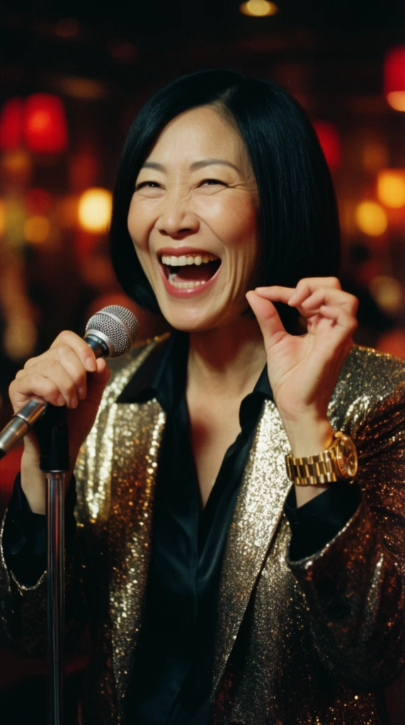 A middle-aged East Asian woman with a sleek black bob haircut laughs exuberantly, pinching her left thumb and index finger together while gripping a silver microphone stand in her right hand. A chunky gold wristwatch gleams on her left wrist, complementing her metallic gold sequined blazer and black silk blouse. The cinematic portrait features a warm, moody atmosphere inside a dimly lit lounge. A shallow depth of field blurs the background into glowing red and amber bokeh spheres. Shot on film with heavy grain, vivid contrast, and dramatic spotlighting focused on her highly animated expression.