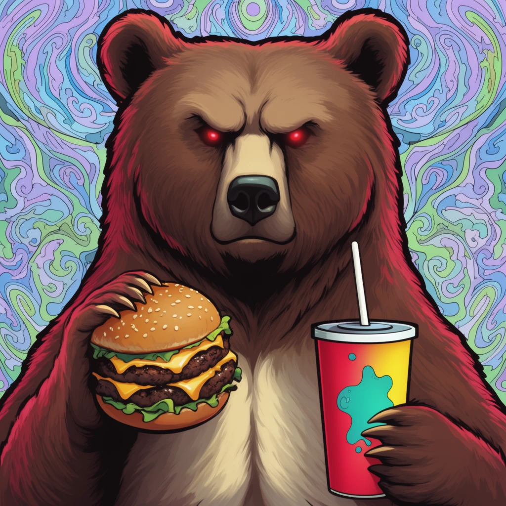 stern brown bear with glowing red eyes and a furrowed brow holding a double cheeseburger and a colorful soft drink, intricate psychedelic swirling background with vibrant pastel blue and purple and green patterns, digital illustration, pop art aesthetic, the bear features reddish-pink highlights on its fur and a cream-colored chest, its right paw grasps a sesame seed bun burger with two thick patties and melted cheese and green lettuce, its left paw holds a tall gradient red and yellow cup with a white straw and a teal abstract blob, bold black outlines, smooth shading, symmetrical portrait framing, surreal fast food concept, vivid colors